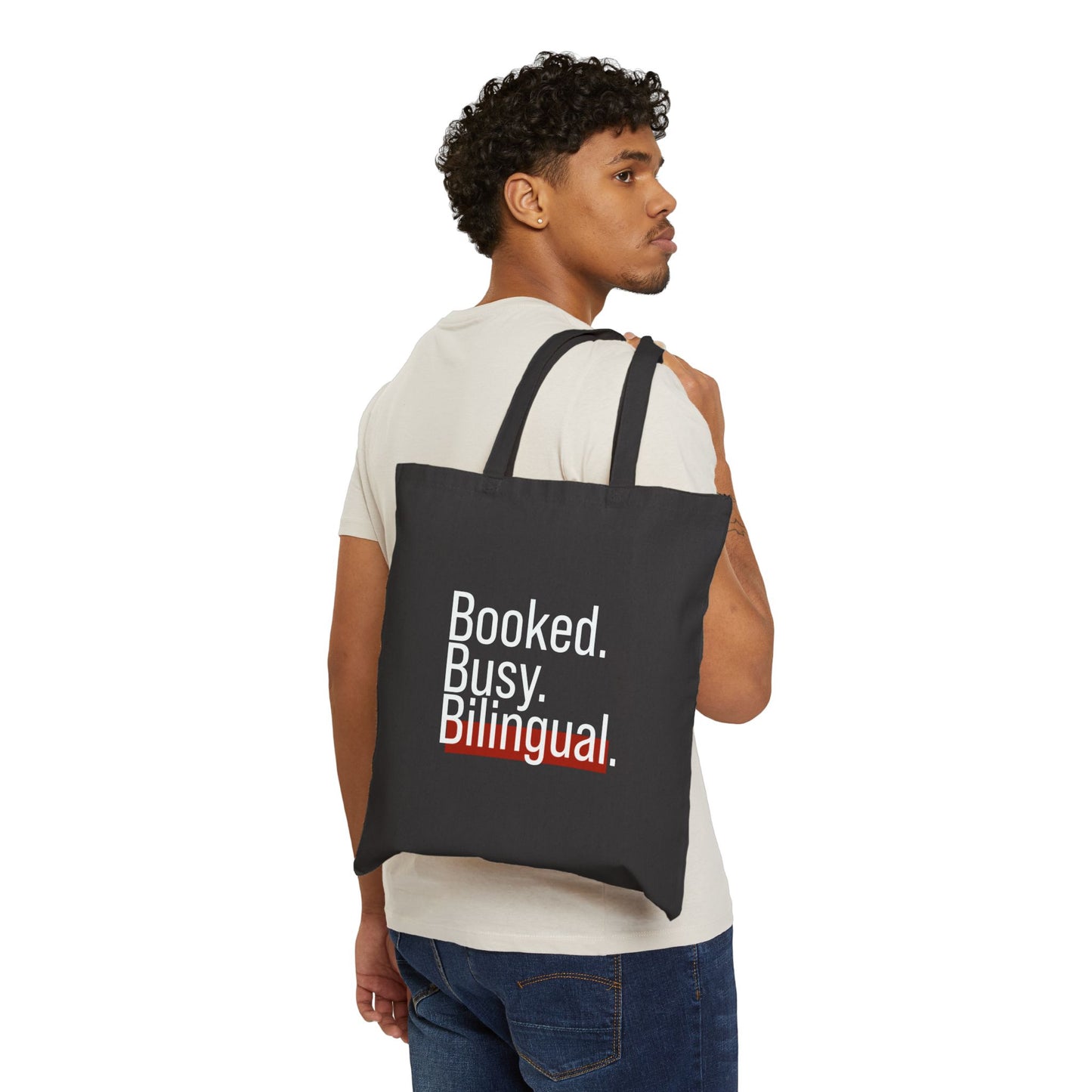 “Booked. Busy. Bilingual.” Cotton Canvas Tote Bag – Market Tote, Eco-Friendly Bag, Gift for Multilingual Creatives, Stylish Everyday Carry