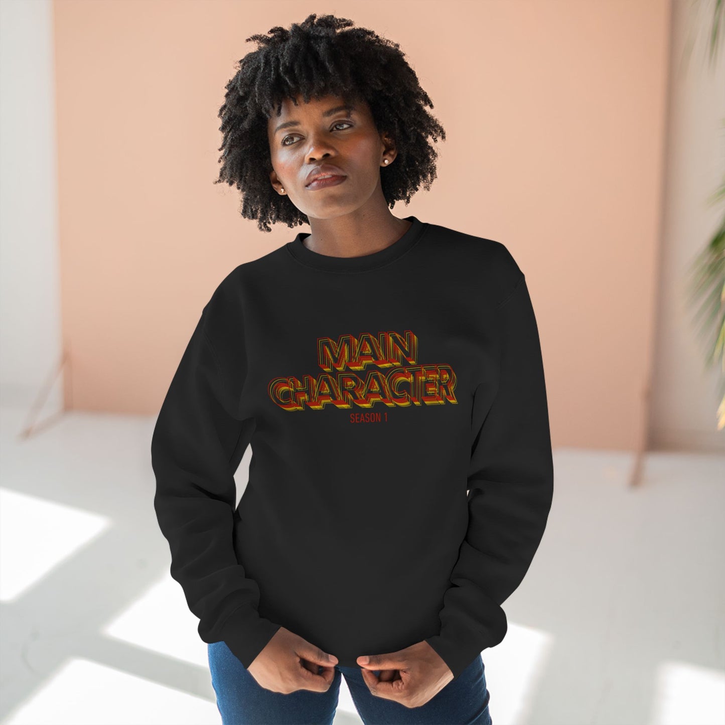 Main Character Crewneck Sweatshirt — Bold Retro Flame Graphic