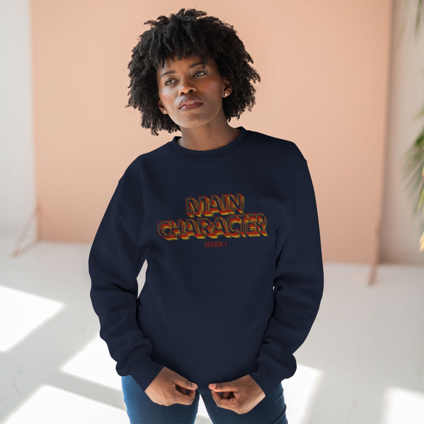 Main Character Crewneck Sweatshirt — Bold Retro Flame Graphic