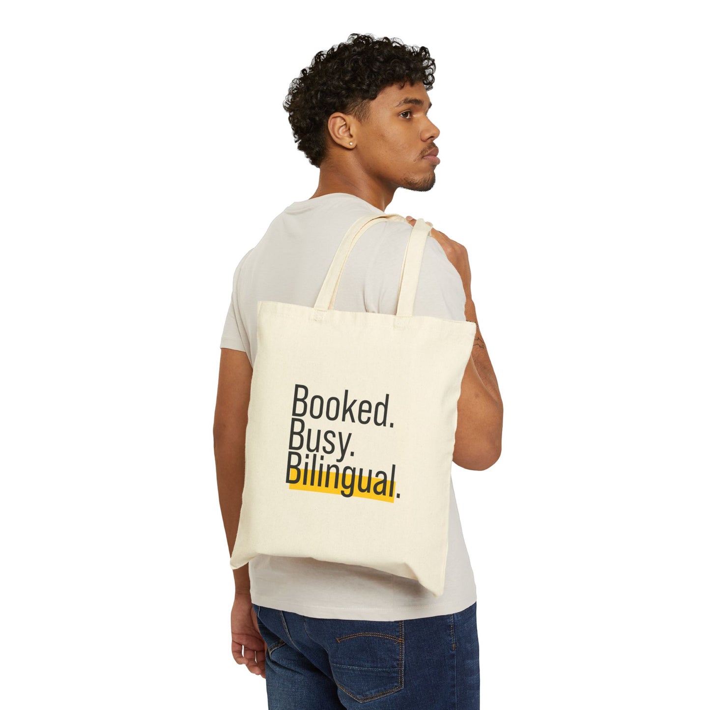 “Booked. Busy. Bilingual.” Cotton Canvas Tote Bag – Market Tote, Eco-Friendly Bag, Gift for Multilingual Creatives, Stylish Everyday Carry