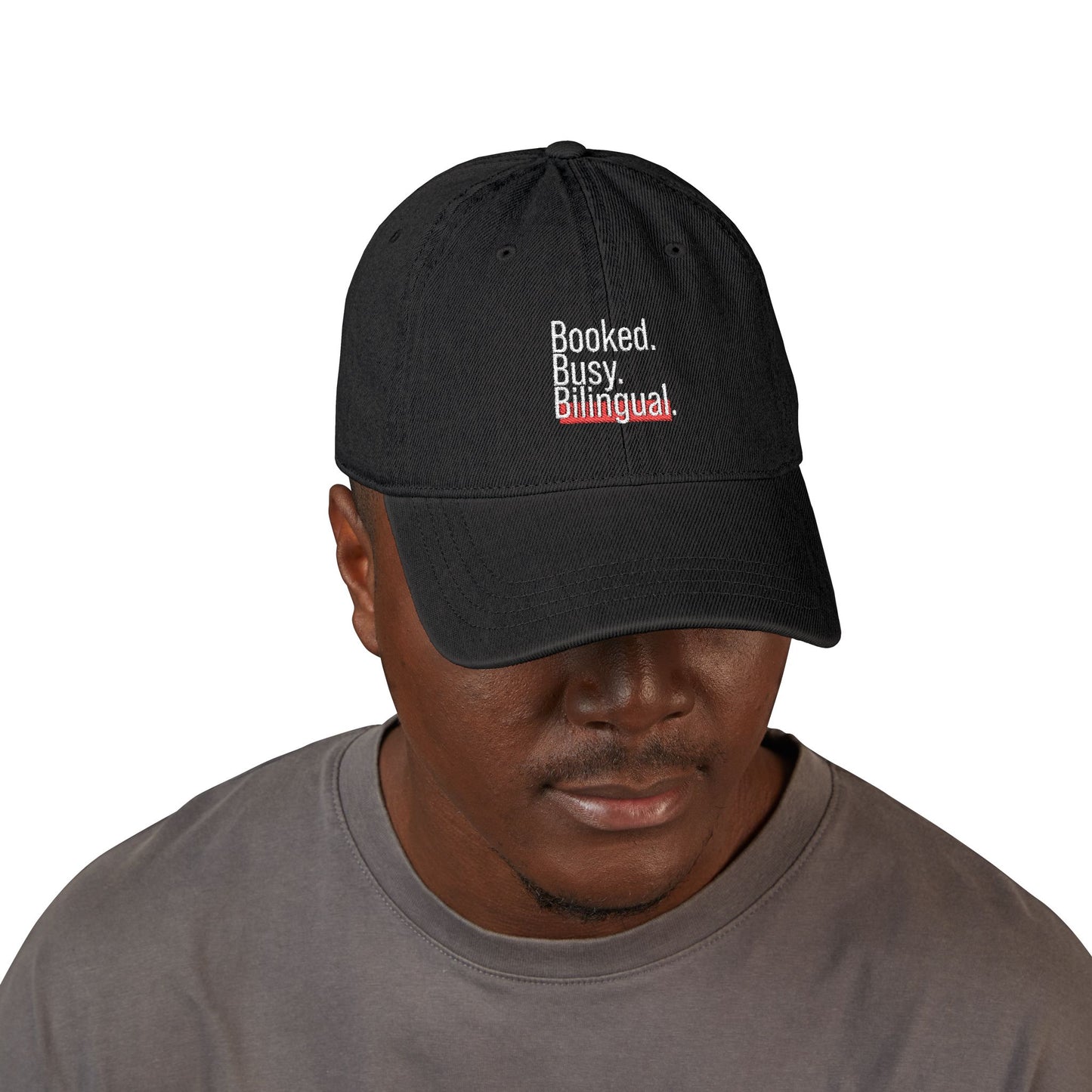 Booked. Busy. Bilingual. Embroidered Denim Hat – Minimalist Style, Adjustable Baseball Cap, Gift for Creatives & Language Lovers