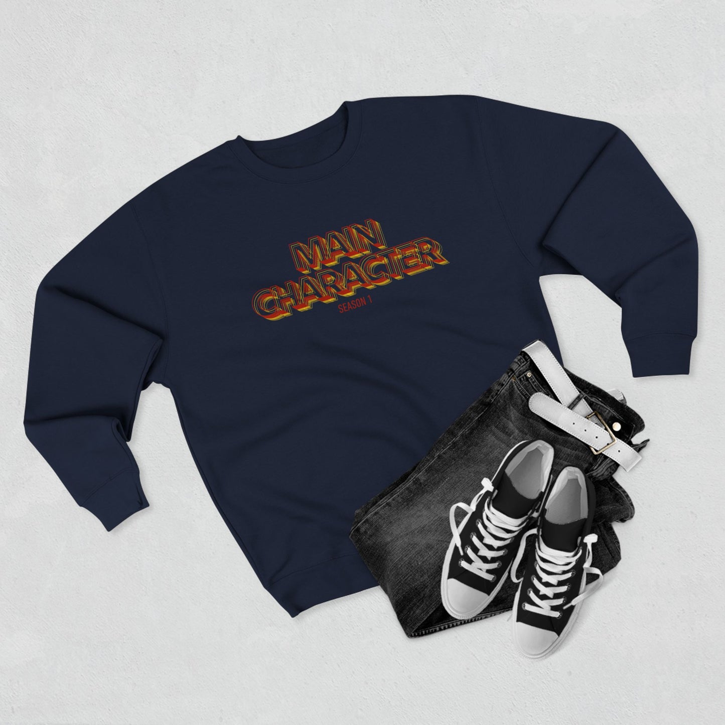 Main Character Crewneck Sweatshirt — Bold Retro Flame Graphic