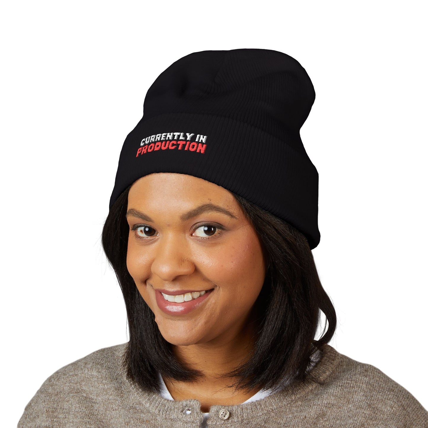 Embroidered 'Currently In Production' Cuffed Beanie