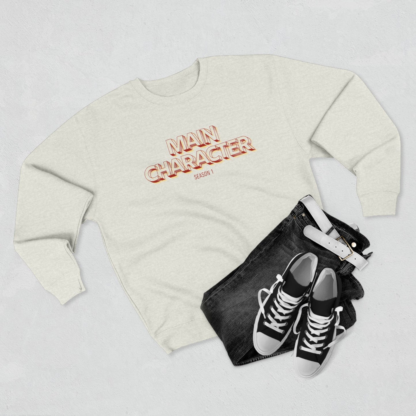 Main Character Crewneck Sweatshirt — Bold Retro Flame Graphic