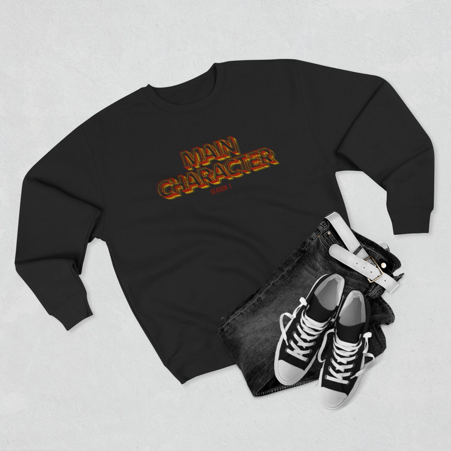 Main Character Crewneck Sweatshirt — Bold Retro Flame Graphic