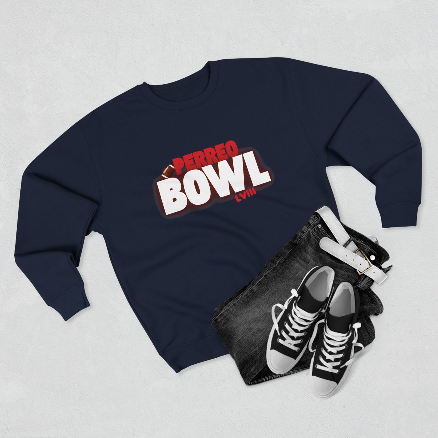 Perreo Bowl Crewneck Sweatshirt — Bold Retro Flame Graphic
