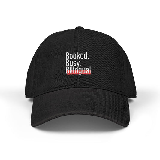 Booked. Busy. Bilingual. Embroidered Denim Hat – Minimalist Style, Adjustable Baseball Cap, Gift for Creatives & Language Lovers