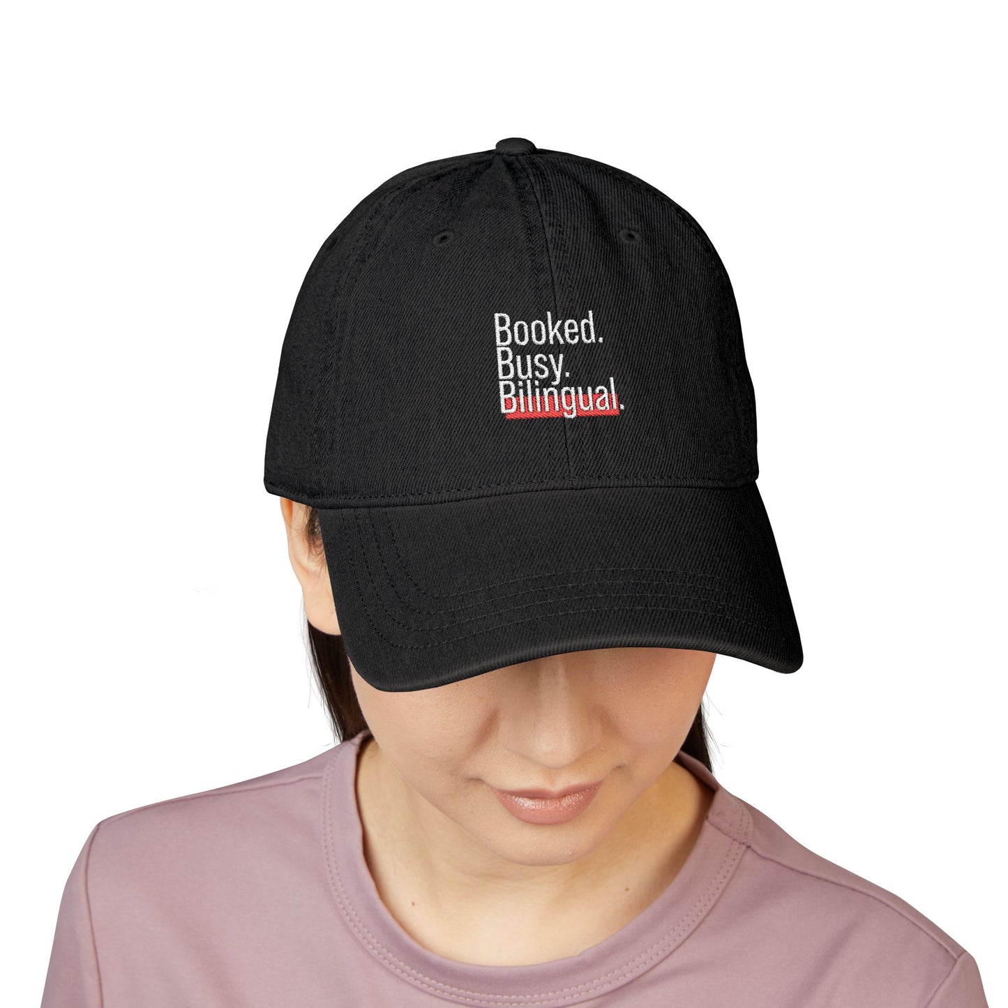 Booked. Busy. Bilingual. Embroidered Denim Hat – Minimalist Style, Adjustable Baseball Cap, Gift for Creatives & Language Lovers